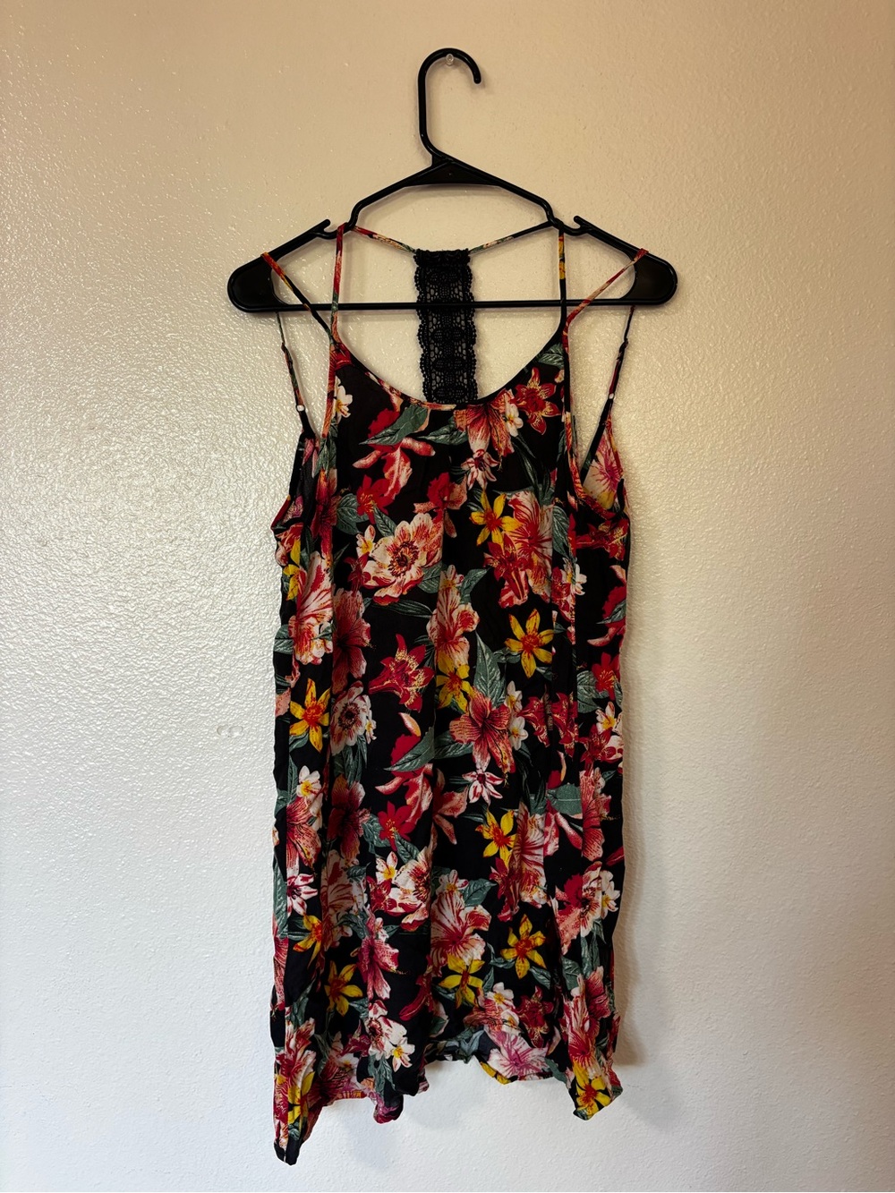 Vibrant Tropical Floral Mini Dress with Black Crochet Lace Racerback Detail